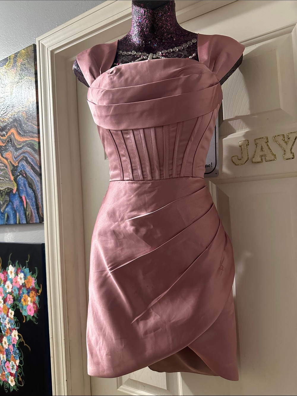 Blush Pink Satin Mini Dress with Structured Bodice